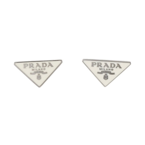 Prada enamel & silver symbole white triangle logo stud earrings AUTHENTIC - Picture 1 of 4